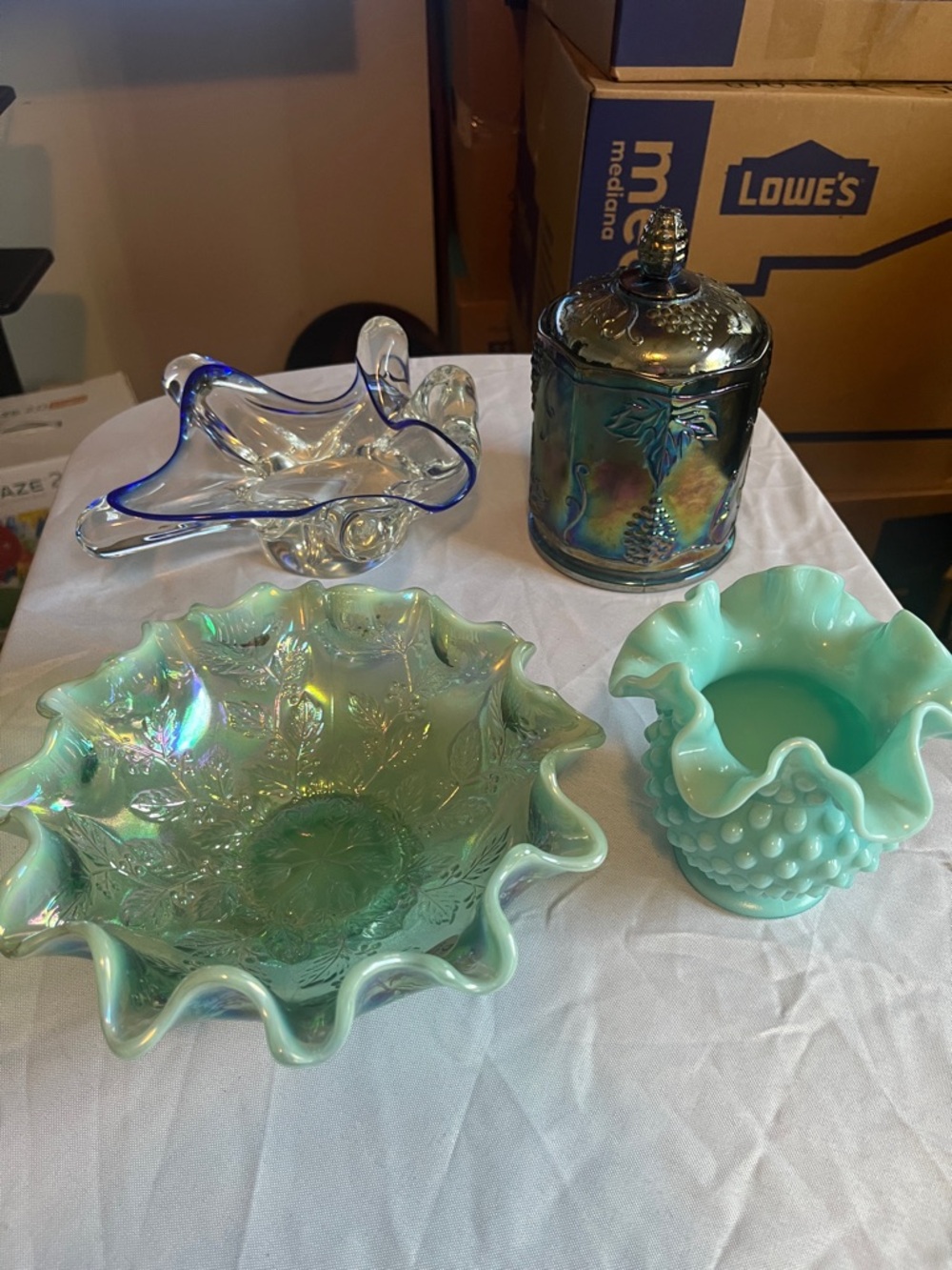Fenton Aqua Iridescent Ruffled Bowls and Hobnail Creamer